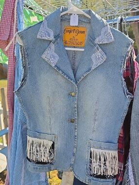 Lovingly Upcycled Denim Women’s Light Blue Sleeveless Jean Jacket with Lace Trim